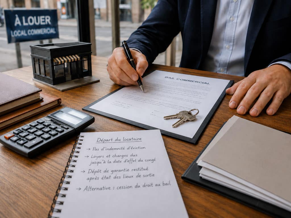 Signature d’un bail commercial sur un bureau avec clés, calculatrice et carnet de chèques, dans un local commercial à louer