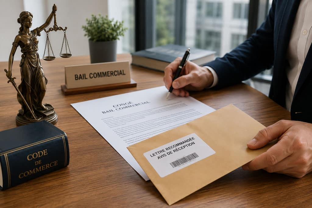 Signature d’un congé de bail commercial avec lettre recommandée et code de commerce sur un bureau d’avocat