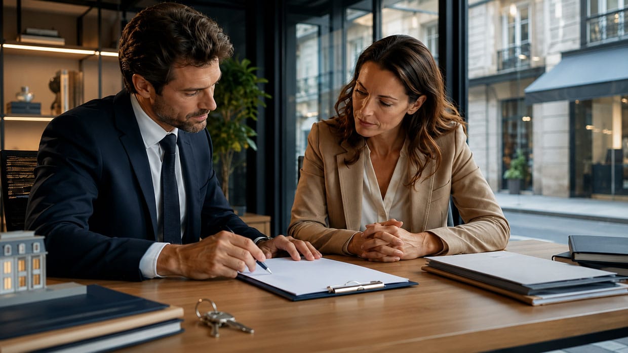 Avocat accompagnant une cliente lors de la signature d’un document relatif à un bail commercial
